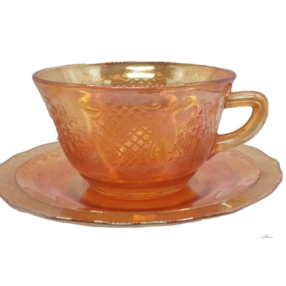 Vintage Carnival Glass Cup Saucer Marigold Amber Floral Lattice MCM Decor VTG - Picture 10 of 12